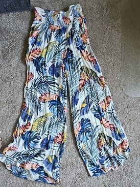Rip Curl White Wide-Leg Tropical Print Pants with Blue & Yellow Leaves